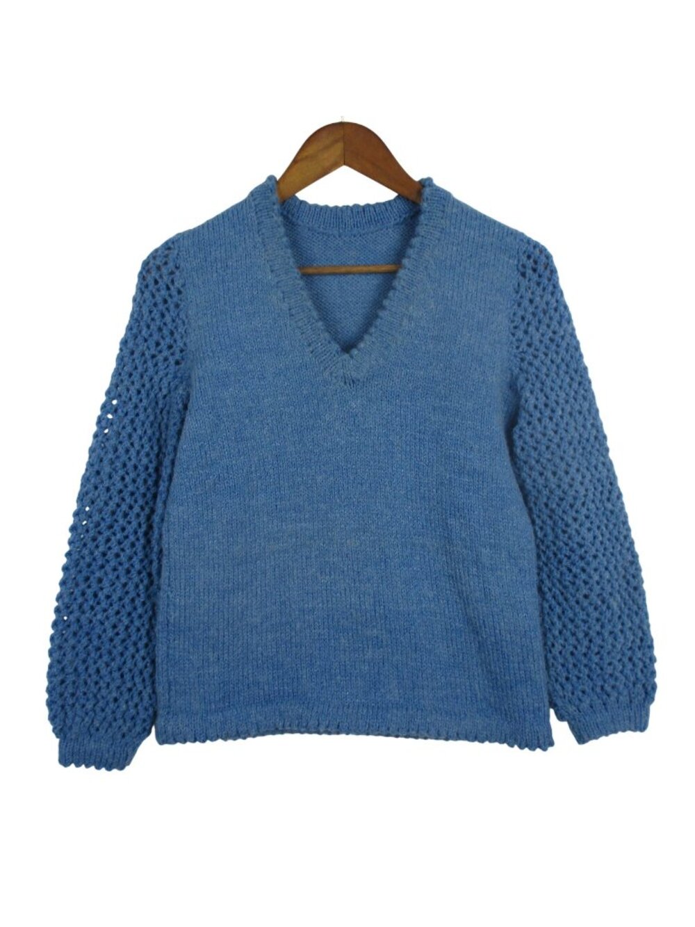 Handmade Hand knit Blue Knit Sweater V-Neckline Women's Size S Upscale Quality